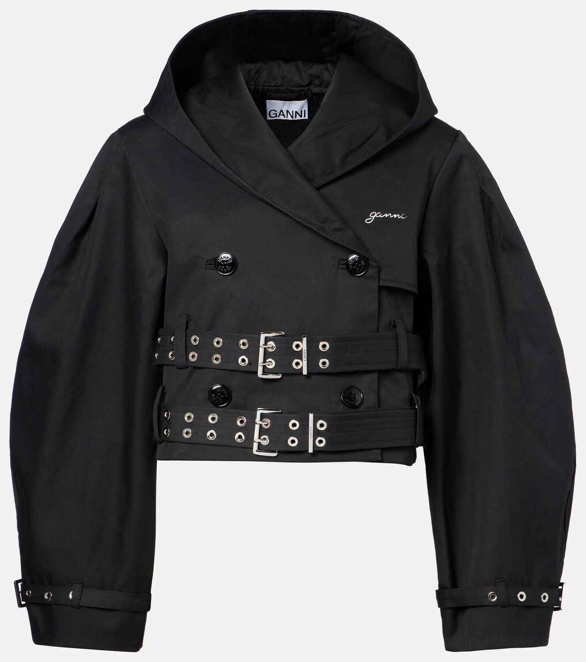 Ganni Belted cropped cotton jacket