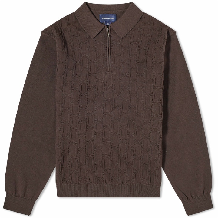 Photo: thisisneverthat Men's Cable Knit Zip Polo Shirt in Brown