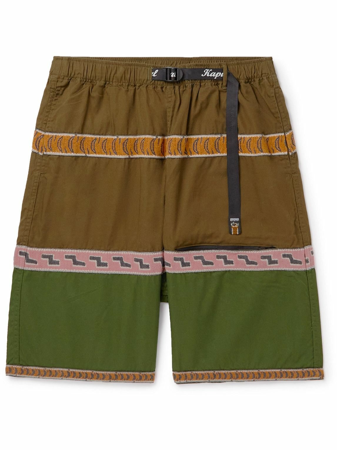 Photo: KAPITAL - Wide-Leg Belted Jacquard-Trimmed Cotton-Twill Shorts - Green