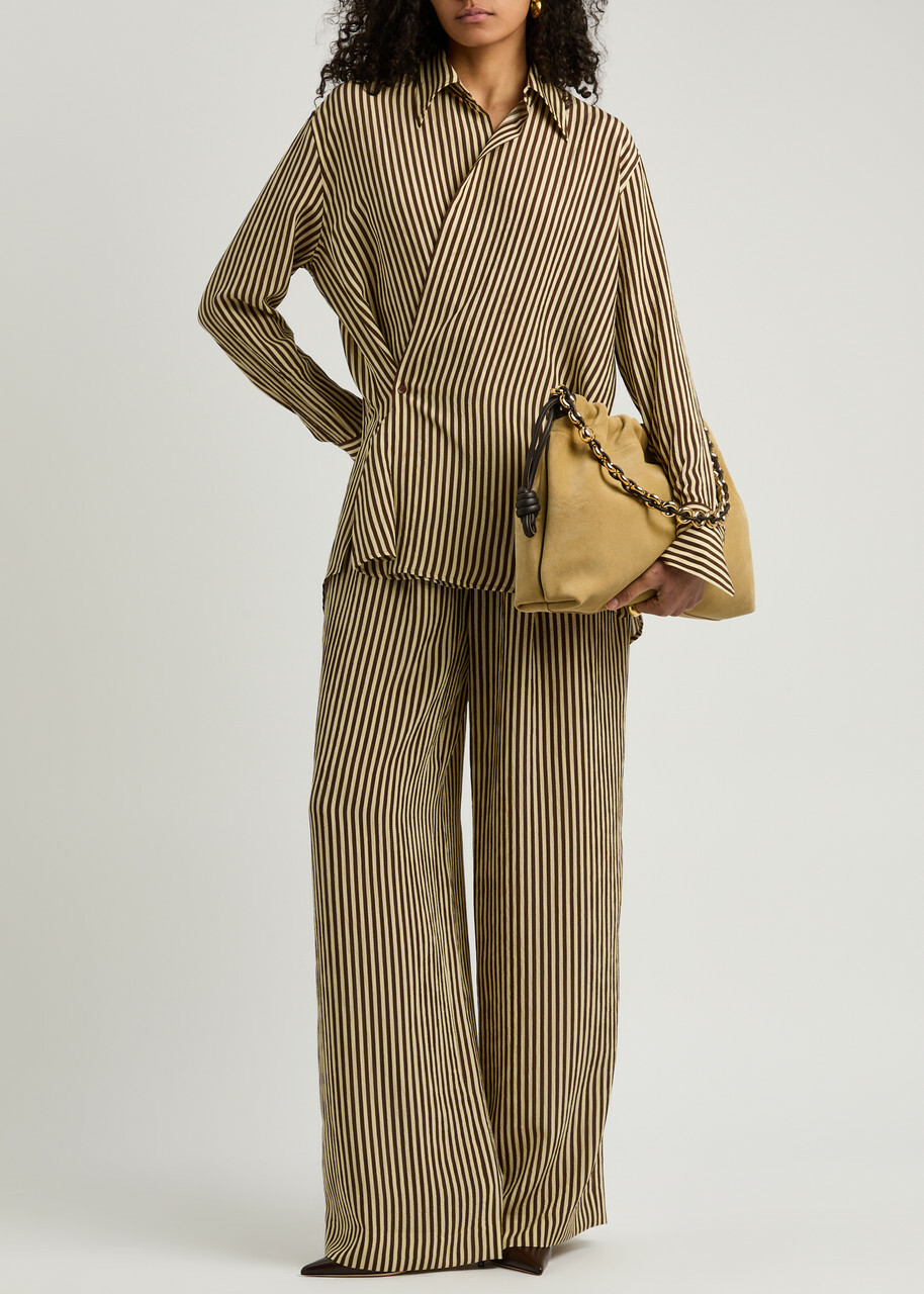 Petar Petrov Heat Wave Striped Seersucker Silk Wrap Shirt Brown