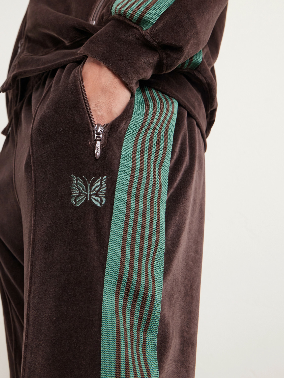 Needles - Bootcut Logo-Embroidered Striped Velour Track Pants - Brown