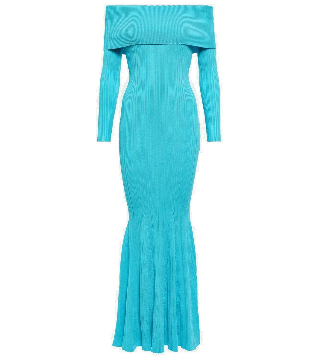 Off-Shoulder Ribbed Knit Maxi Dress with Flared Sleeves - Black