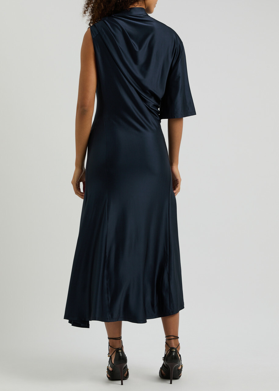 Rabanne Asymmetric Satin-jersey Midi-dress Navy Paco Rabanne