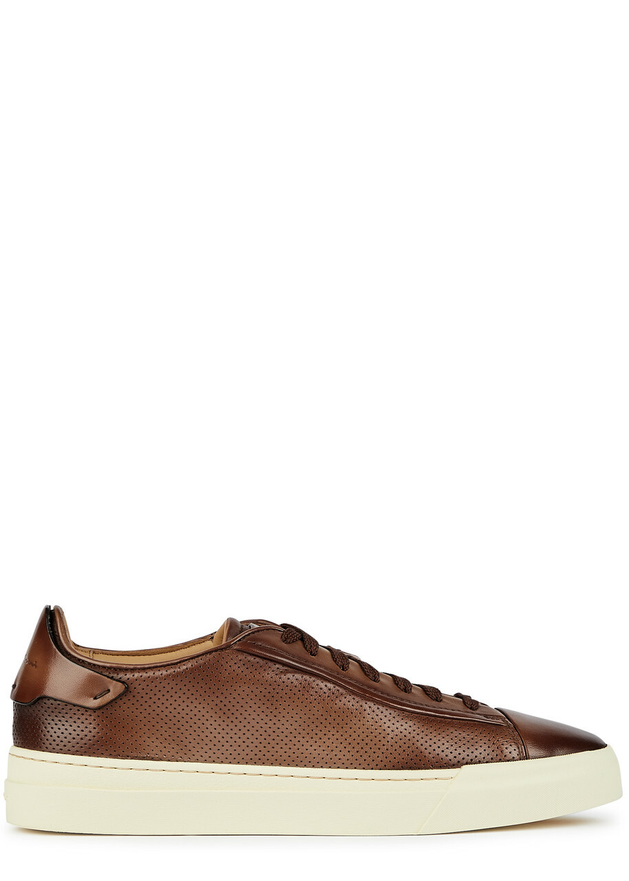 Santoni Ducting Perforated Leather Sneakers Brown 6, Santoni Trainers, Lace up Front