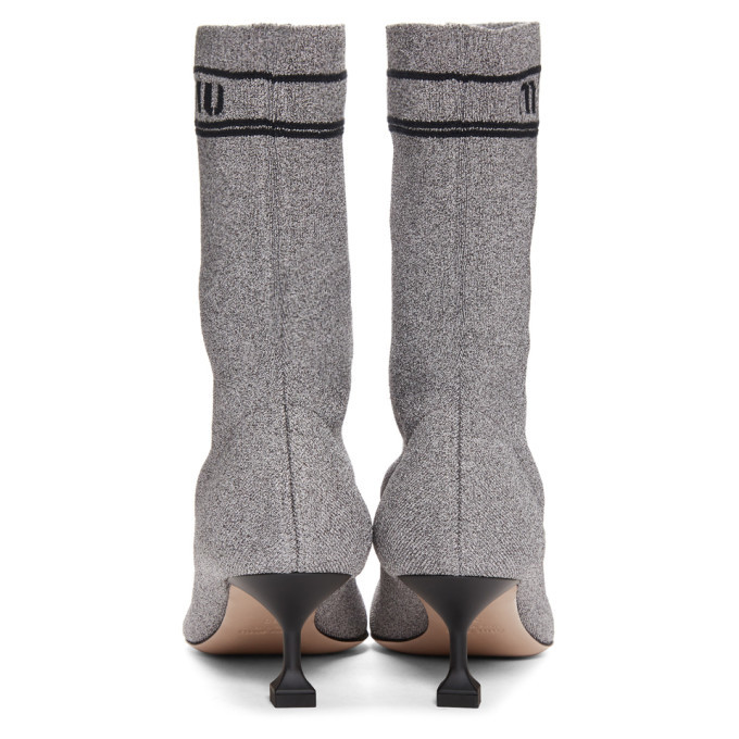 MIUMIU ロゴ ラメ シルバー ニット ソックスブーツ371/2 Miu Miu Silver Lurex Sock Boots Miu Miu
