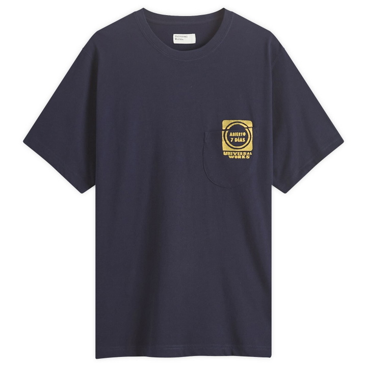 Photo: Universal Works Men's Print Pocket T-Shirt in Navy/Yellow