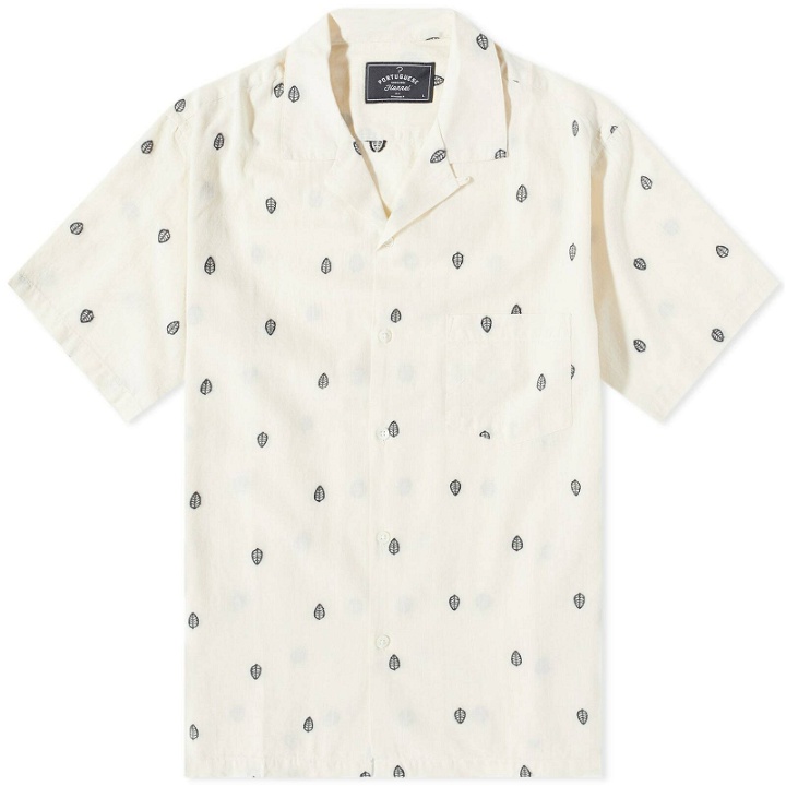 Photo: Portuguese Flannel Men's Leafe Embroidered Vacation Shirt in Off-White