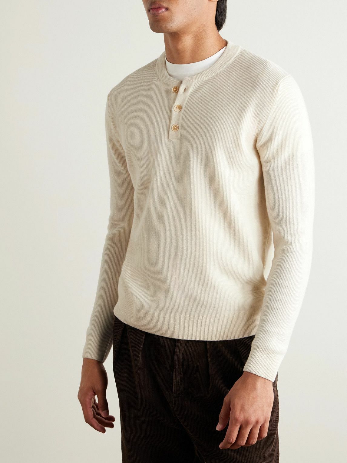Incotex - Zanone Slim-Fit Ribbed Virgin Wool Henley Sweater - Neutrals