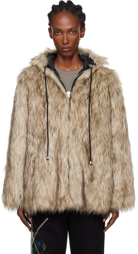 Photo: OPEN YY Beige & Black Hood Reversible Faux-Fur Jacket