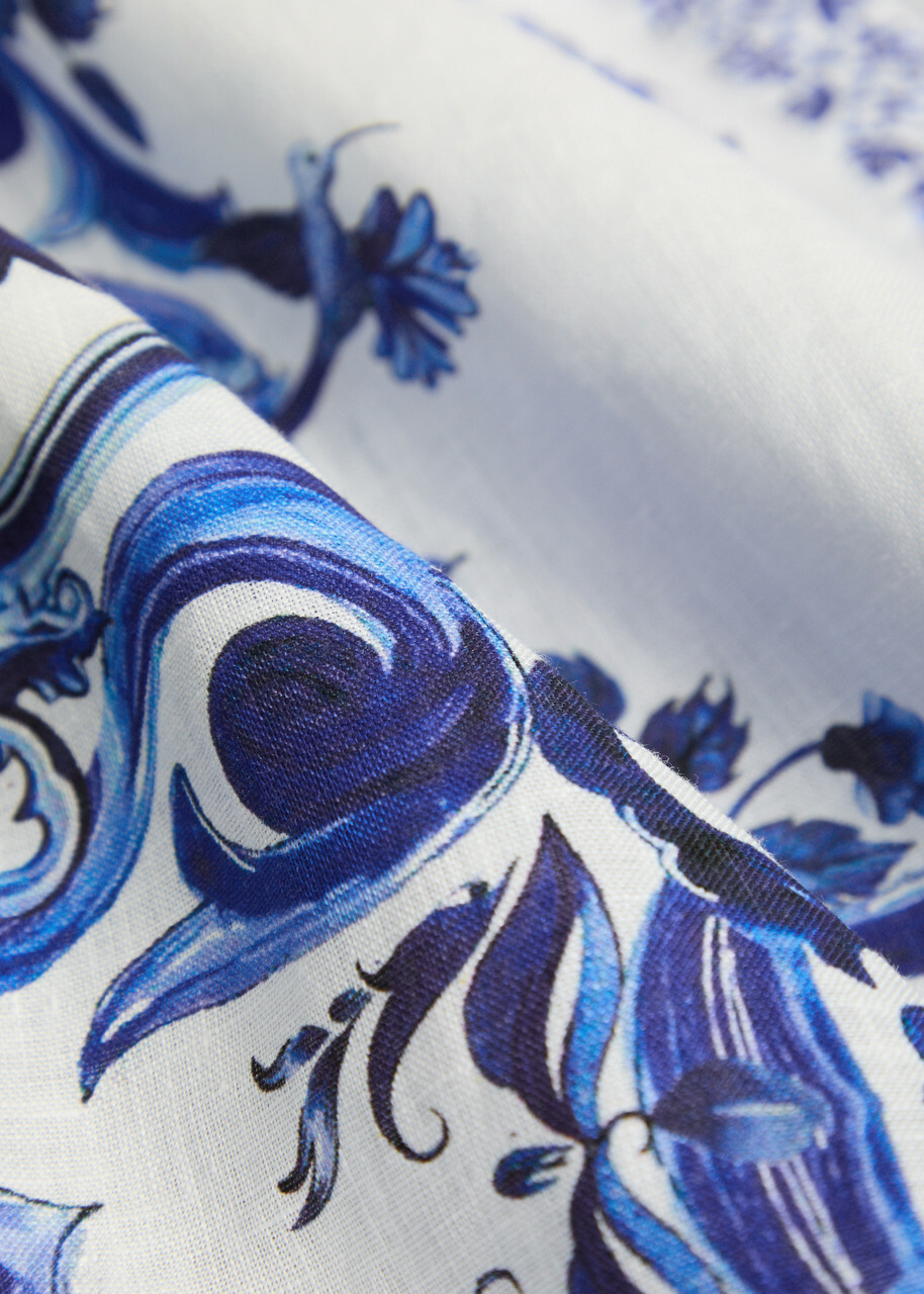Alice + Olivia Finely Printed Linen Mini Shirt Dress Blue And White