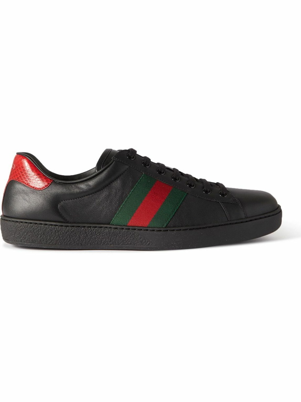 Photo: GUCCI - Ace Faux Watersnake-Trimmed Leather Sneakers - Black