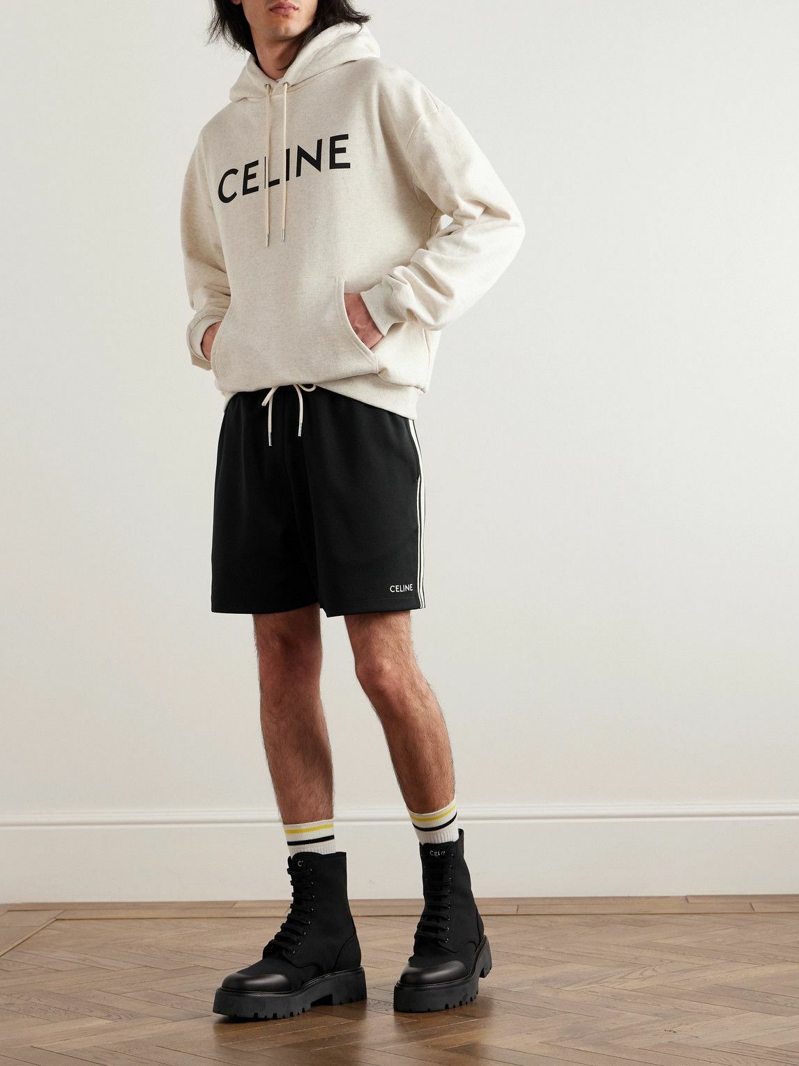 CELINE - Straight-Leg Logo-Embroidered Striped Jersey Drawstring Shorts - Black