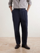 Brunello Cucinelli - Tapered Pleated Cotton and Linen-Blend Trousers - Blue