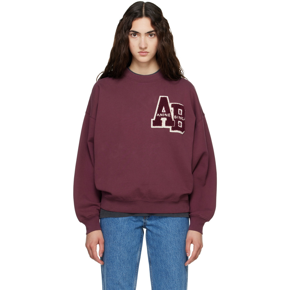 ANINE BING Burgundy Miles Oversized Letterman Sweatshirt