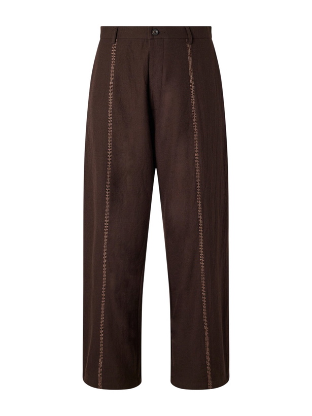 Photo: Kartik Research - Sultan Straight-Leg Embroidered Handwoven Wool Trousers - Brown