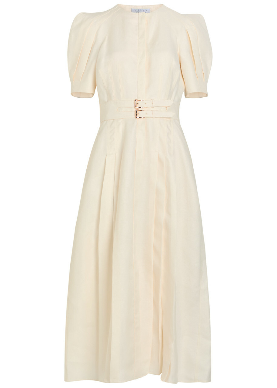 Gabriela Hearst Patricia Belted Linen Midi Dress Ivory