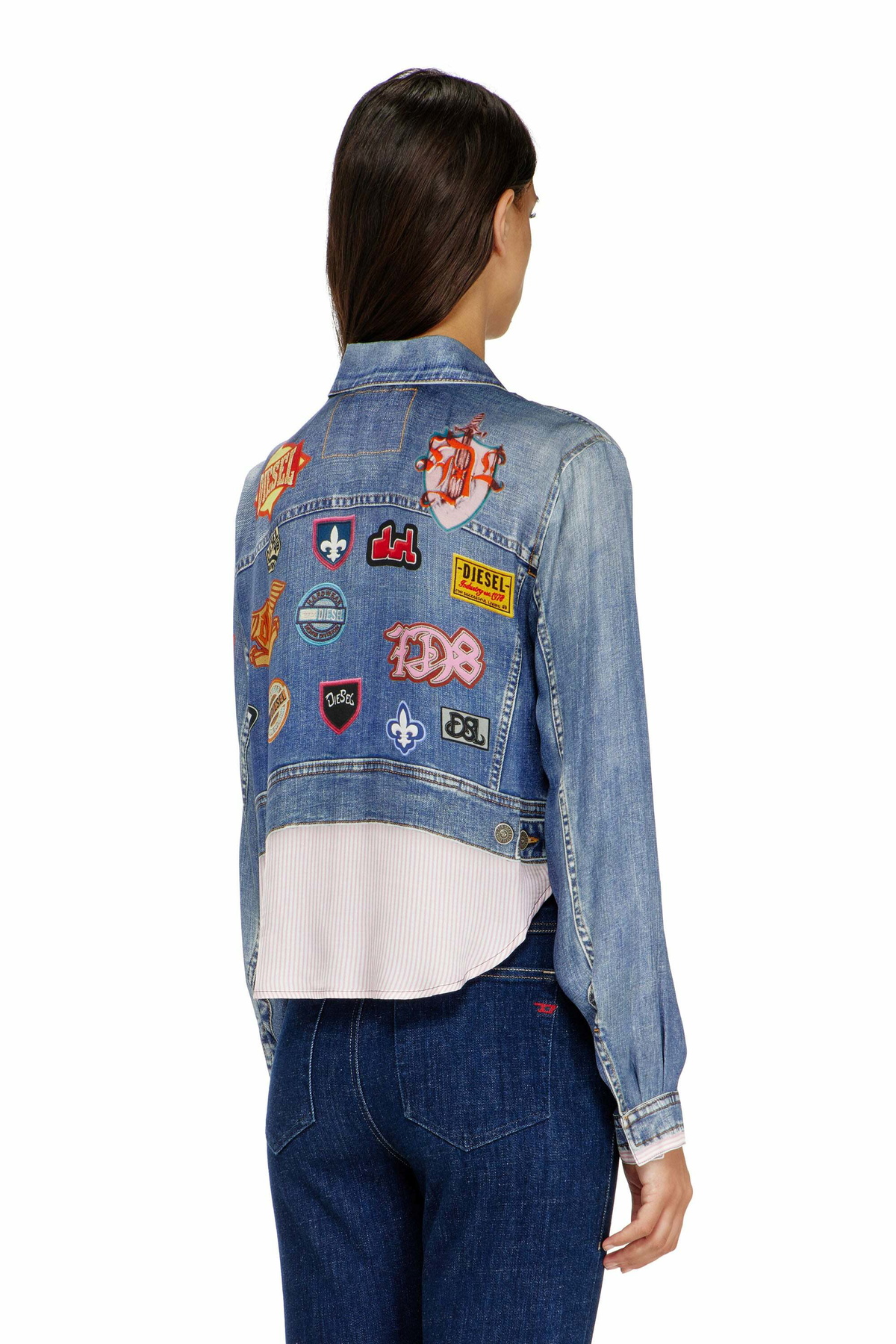 Diesel Cropped satin shirt with trompe-l'oeil denim print - Shirts - Woman -