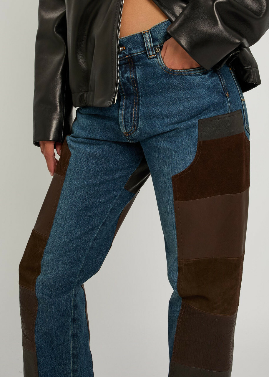 Versace Leather and Suede Patchwork Straight-leg Jeans Blue