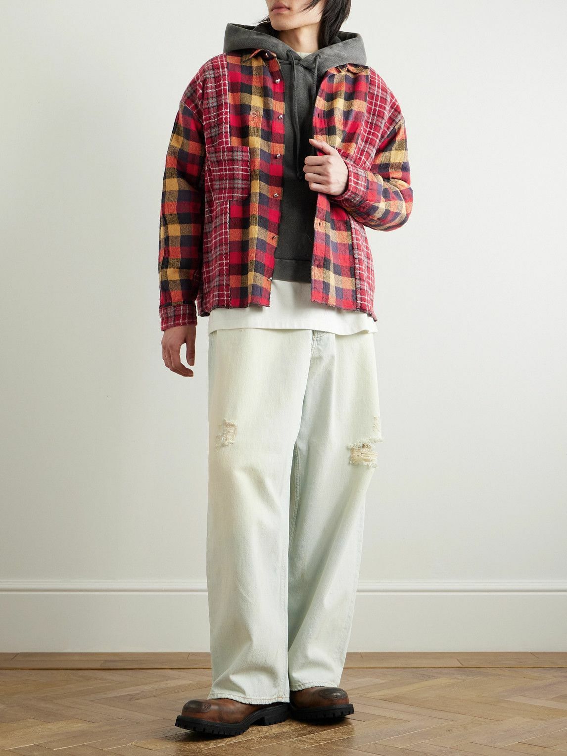 READYMADE - Patchwork Checked Flannel Shirt - Red