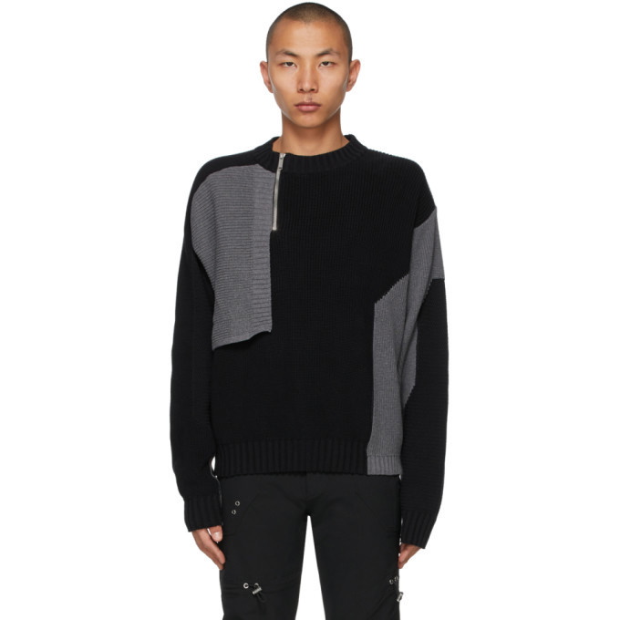 HELIOT EMIL Black and Grey Knit Deconstructed Half-Zip Sweater Heliot Emil