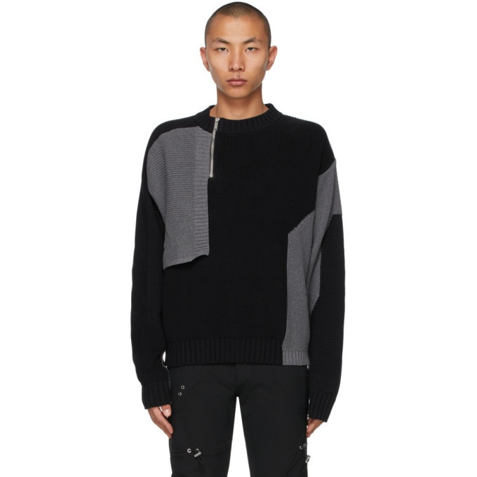 Photo: HELIOT EMIL Black and Grey Knit Deconstructed Half-Zip Sweater