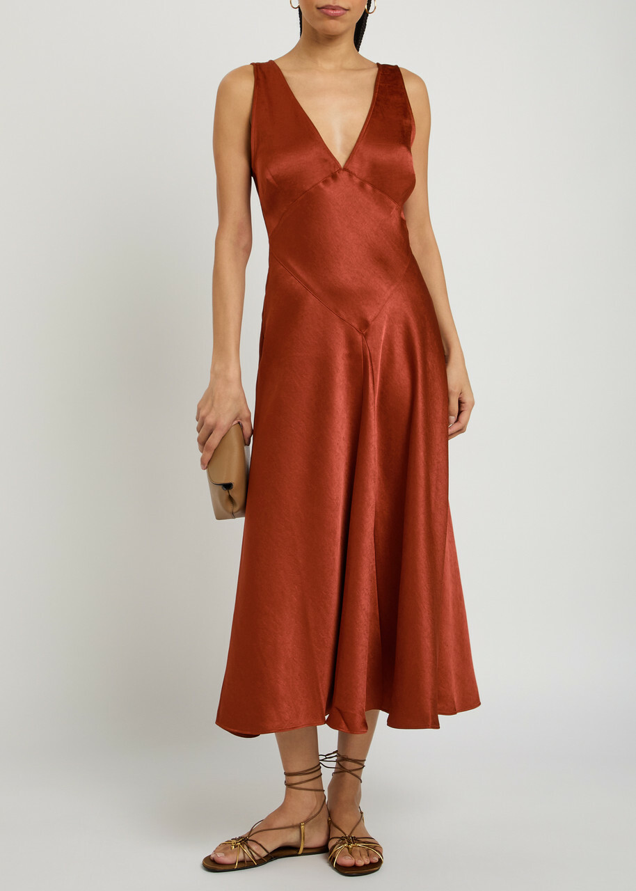 Polo Ralph Lauren V-neck Satin Midi Cocktail Dress Red