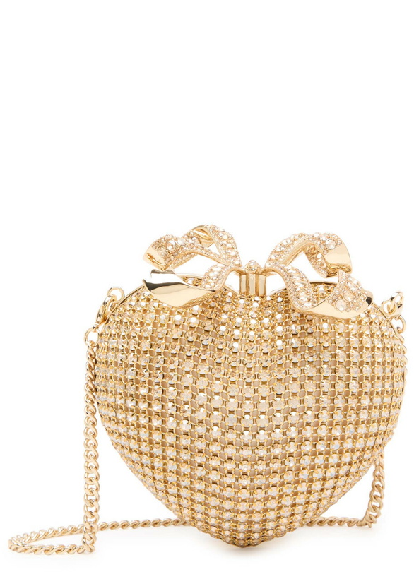 Photo: Self-portrait Heart Crystal-embellished Satin Clutch - Gold - One Size