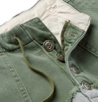 Greg Lauren - Slim-Fit Cotton-Twill Panelled Loopback Mélange Jersey Drawstring Shorts - Green