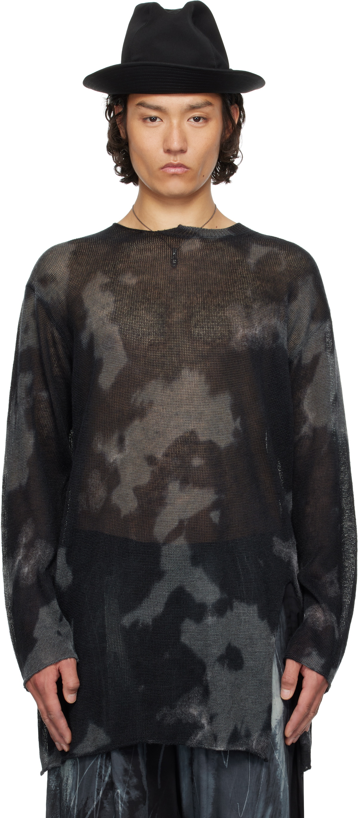 YOHJI YAMAMOTO Black 7G Dyed Jersey Front Slit Long Sleeve Sweater