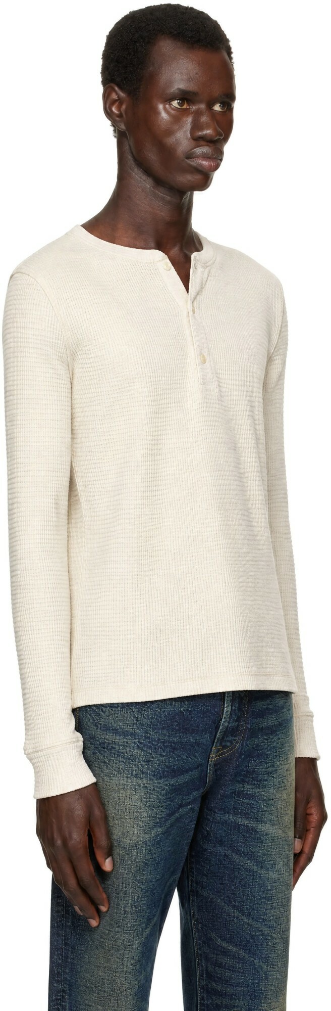 RRL White Waffle-Knit Henley
