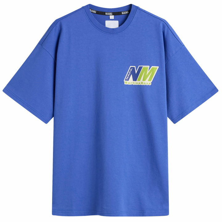 Photo: Napapijri Men's x Martine Rose Logo T-Shirt in Blue Dazzling