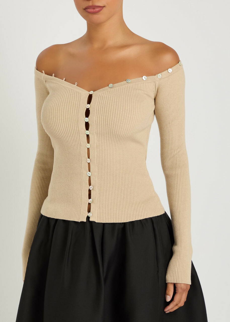 Staud Keaton Off-the-shoulder Wool and Cotton-blend top Light Pink
