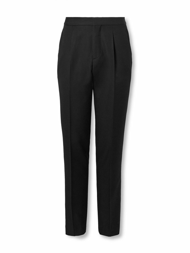 Photo: Brunello Cucinelli - Straight-Leg Pleated Satin-Trimmed Silk, Wool and Mohair-Blend Tuxedo Trousers - Black
