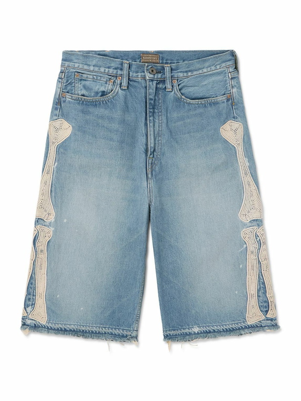 Photo: KAPITAL - Straight-Leg Appliquéd Distressed Denim Shorts - Blue