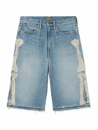 KAPITAL - Straight-Leg Appliquéd Distressed Denim Shorts - Blue