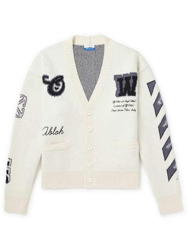 Photo: Off-White - Varsity Embroidered Jacquard-Knit Wool-Blend Cardigan - Neutrals