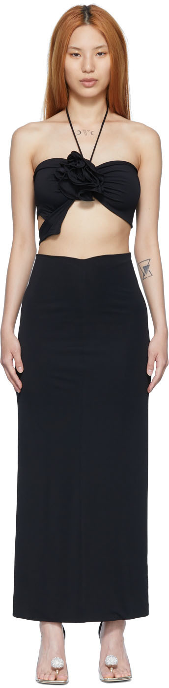 black side split midi dress Black Halter Neck Ruched Midi Dress With Side Slit