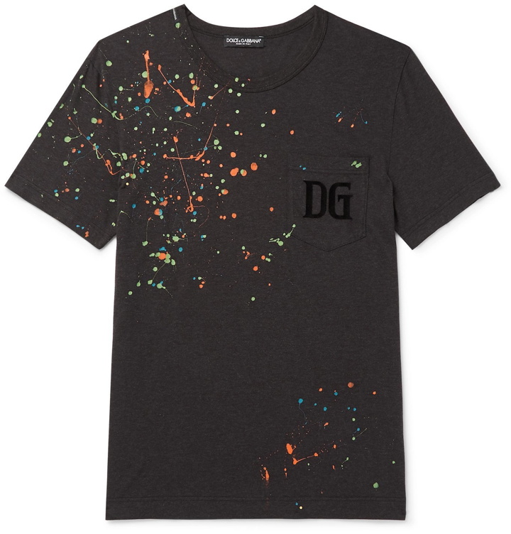 Photo: Dolce & Gabbana - Logo-Flocked Paint-Splattered Mélange Cotton-Jersey T-Shirt - Black