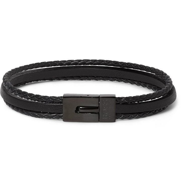 Photo: Hugo Boss - Baylor Woven and Smooth Leather Wrap Bracelet - Silver