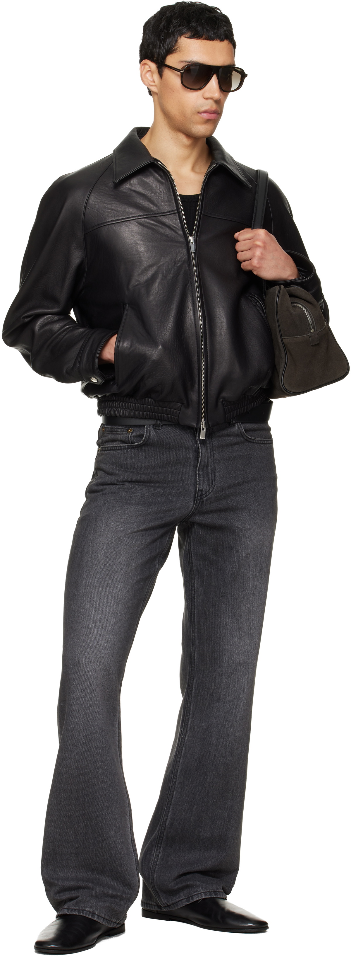 TONYWACK Black Vintage Lamb Leather Bomber Jacket