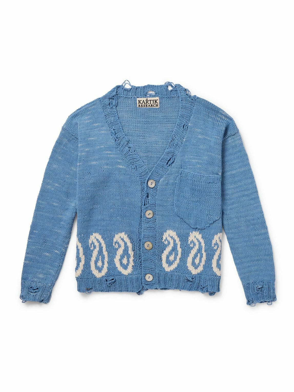 Kartik Research - Distressed Intarsia-Knit Cotton Cardigan - Blue