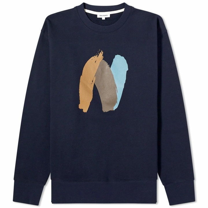 Photo: Norse Projects Men's Arne Relaxed Paint N Logo Crew Sweatshirt in Dark Navy