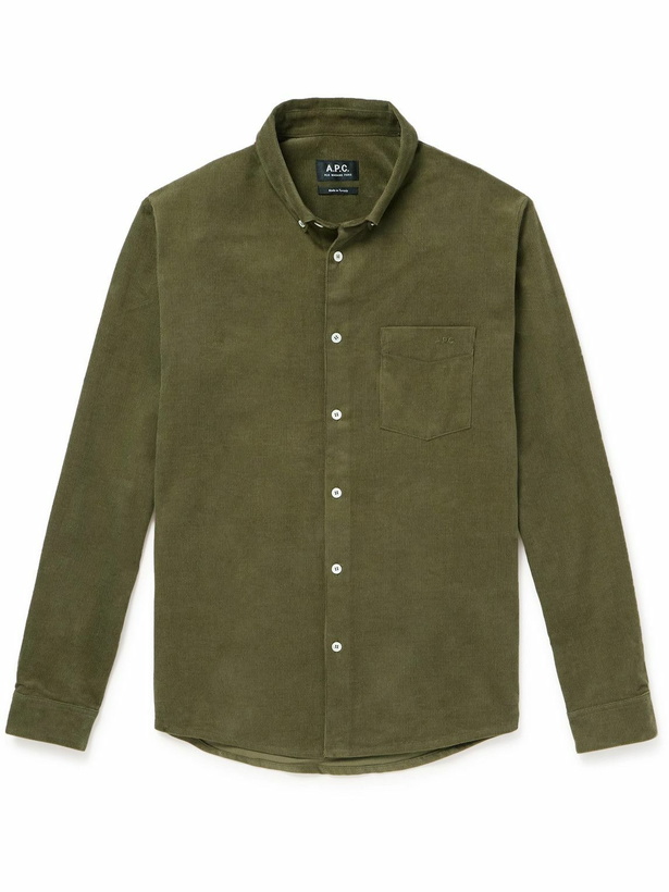 Photo: A.P.C. - Serge Button-Down Collar Logo-Embroidered Cotton-Corduroy Shirt - Green