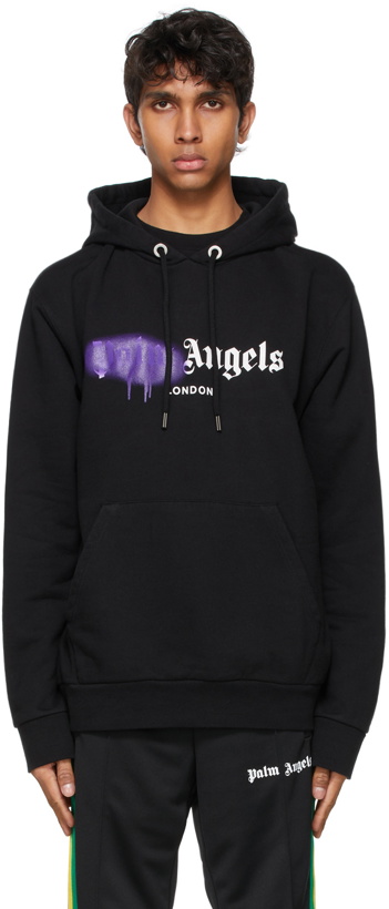 Photo: Palm Angels Black & Purple Sprayed Logo 'London' Hoodie