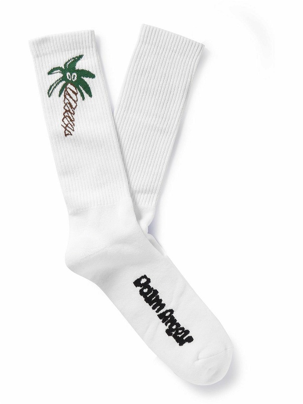 Photo: Palm Angels - Intarsia Cotton-Blend Socks - White