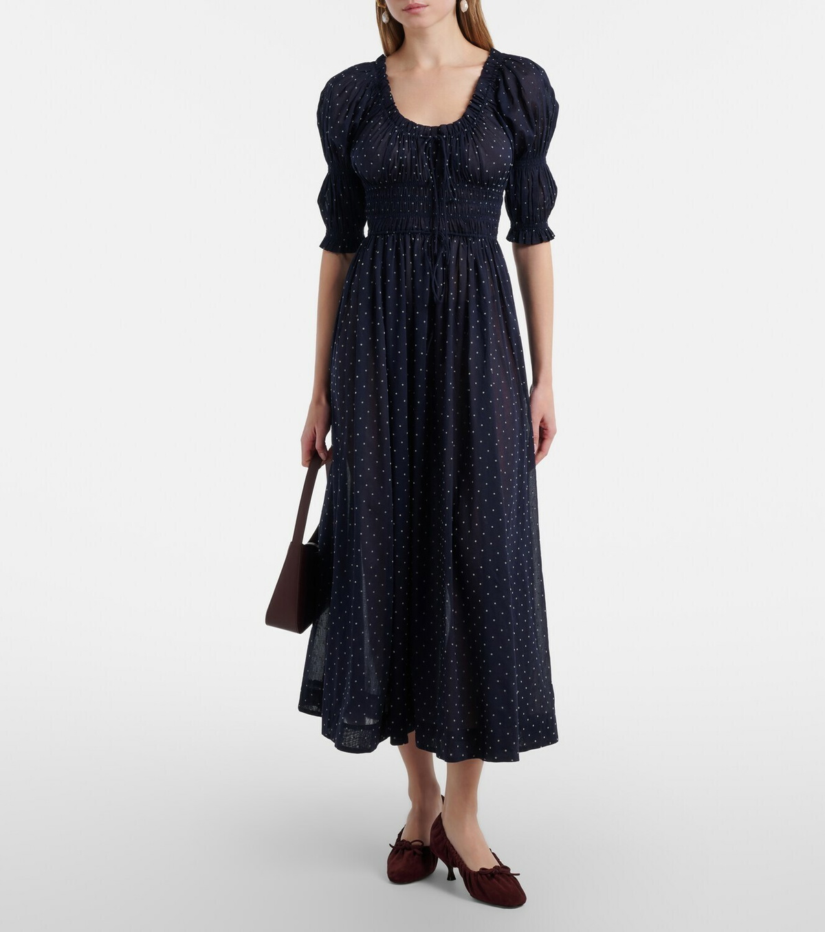 Dôen Ischia gathered polka-dot cotton midi dress