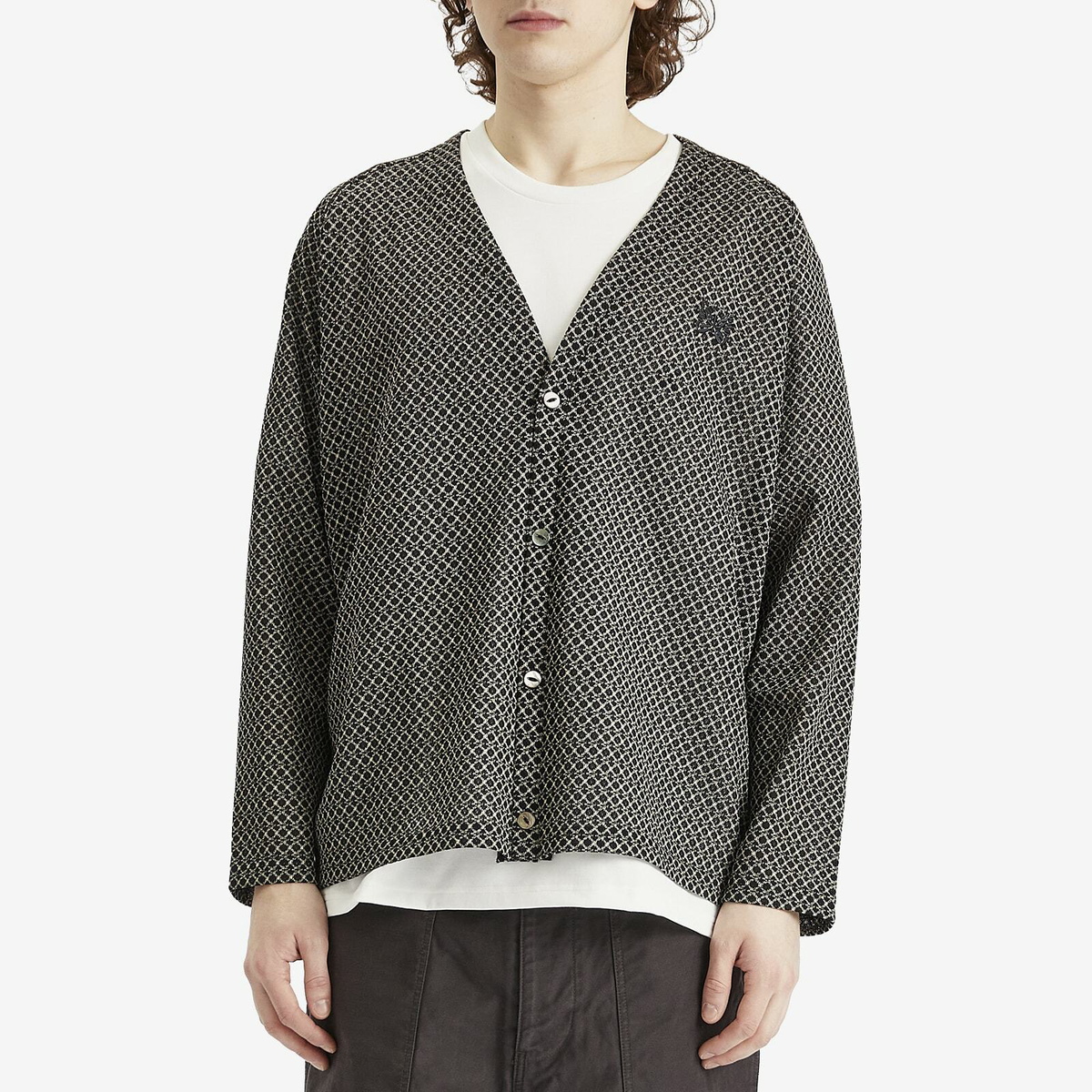 Needles Men's Woven V-Neck Cardigan in Black/Natural Grid