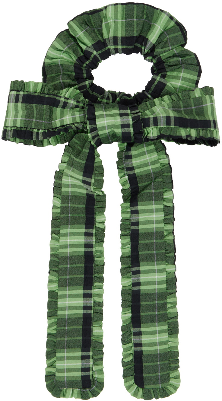 ヘアアクセサリー GANNI Green Checked Frill Bow Scrunchie A4668-484 レディース】Flock Check Frill Scrunchie | GANNI(ガニー
