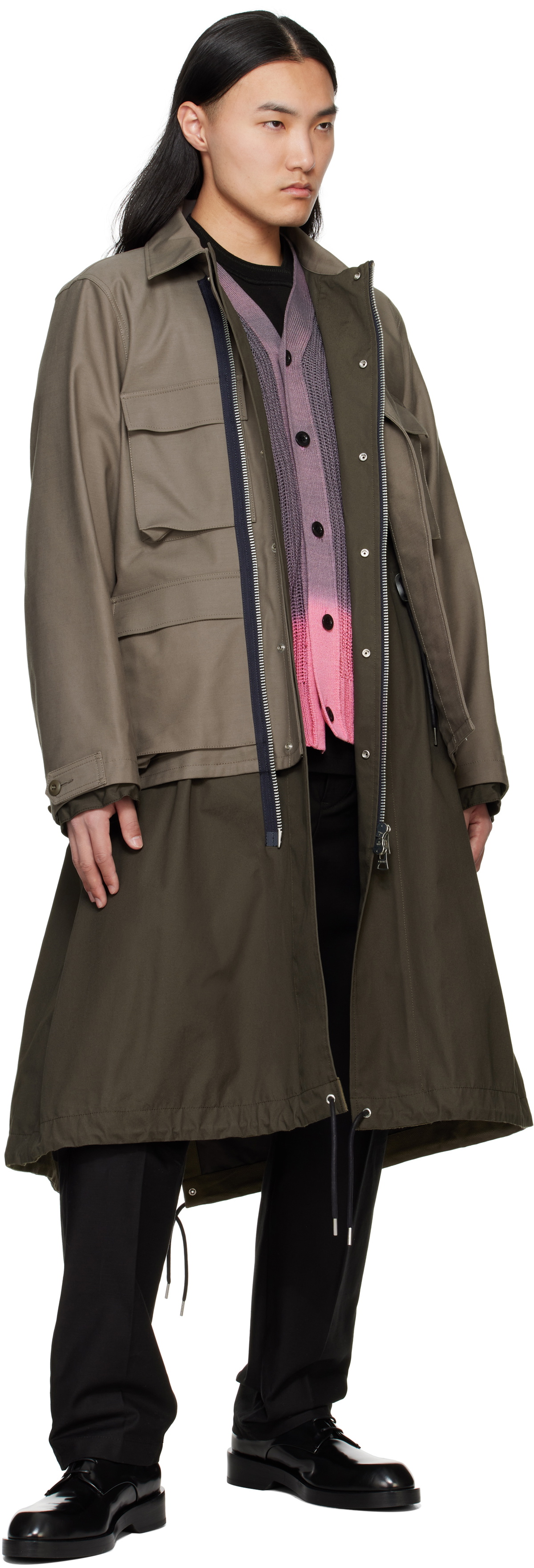 sacai Taupe & Khaki WTAPS Edition Cotton Back Satin Coat Sacai
