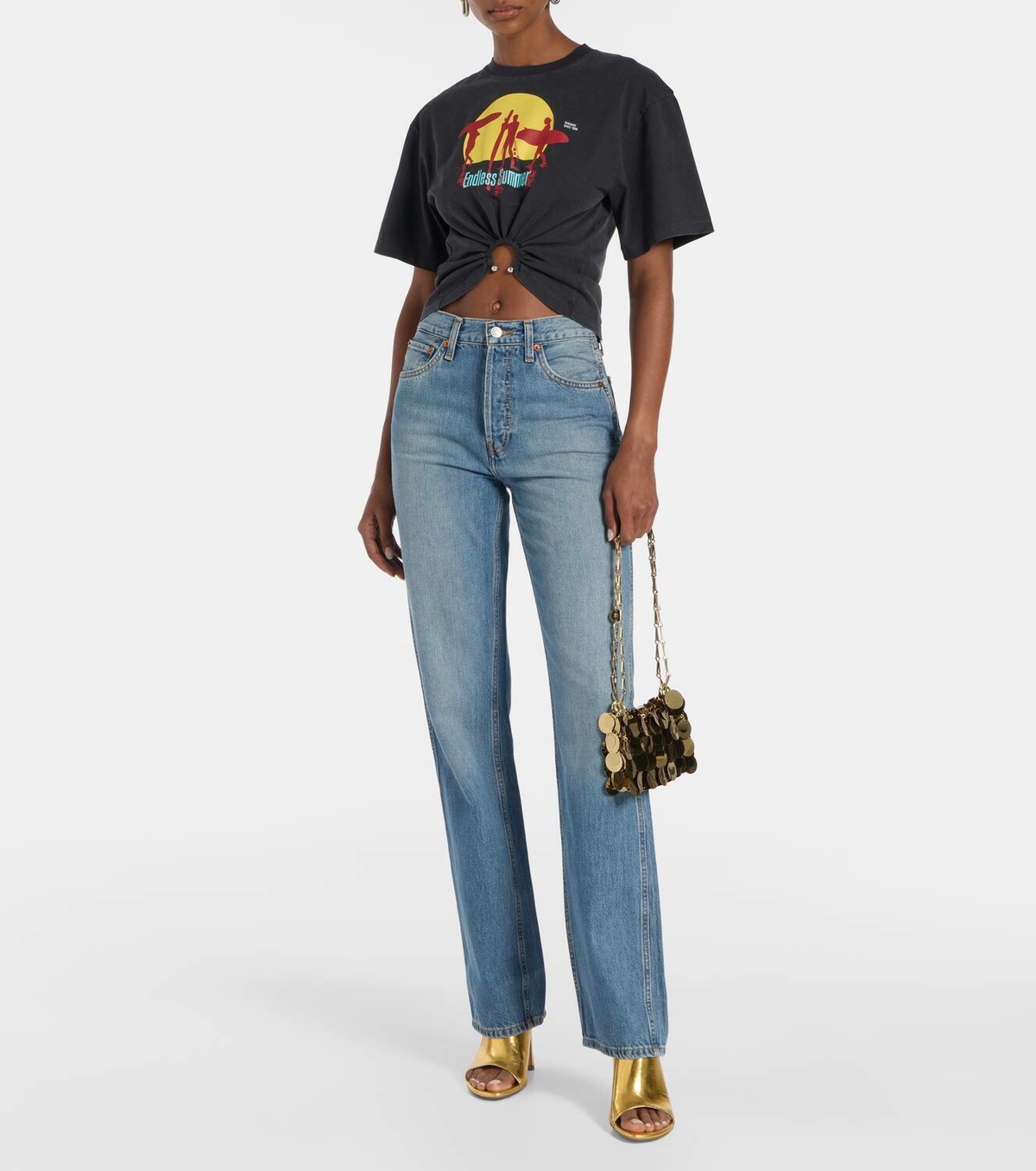 Tシャツ・カットソー Paco Rabanne Cropped Cotton Top With Shimmering l Paco Rabanne Cropped Cotton Top With Shimmering Metal